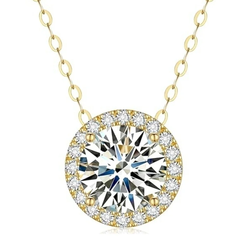 Certified 18k Yellow Gold Halo Pendant Necklace Moissanite Diamond S925 2.0CT